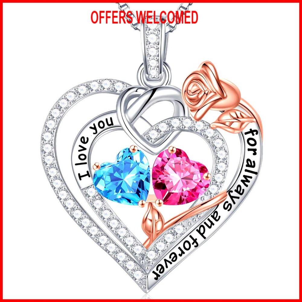 925 Sterling Silver Double Birthstone Necklace Heart Pendant